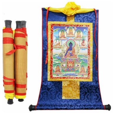 Tibetan Thangka Eight Medicine Buddha Wood Scroll