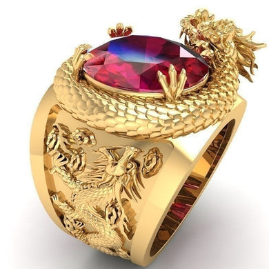 Feng Shui Jewelry Wealth Enhancer UNISEX Dragon Gold Ring with Red Crystal Attracts money in your hand